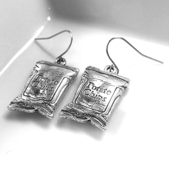 Miniature Bag of Chips Junk Food Snack Food Lovers Charm Earrings - Picture 1 of 3